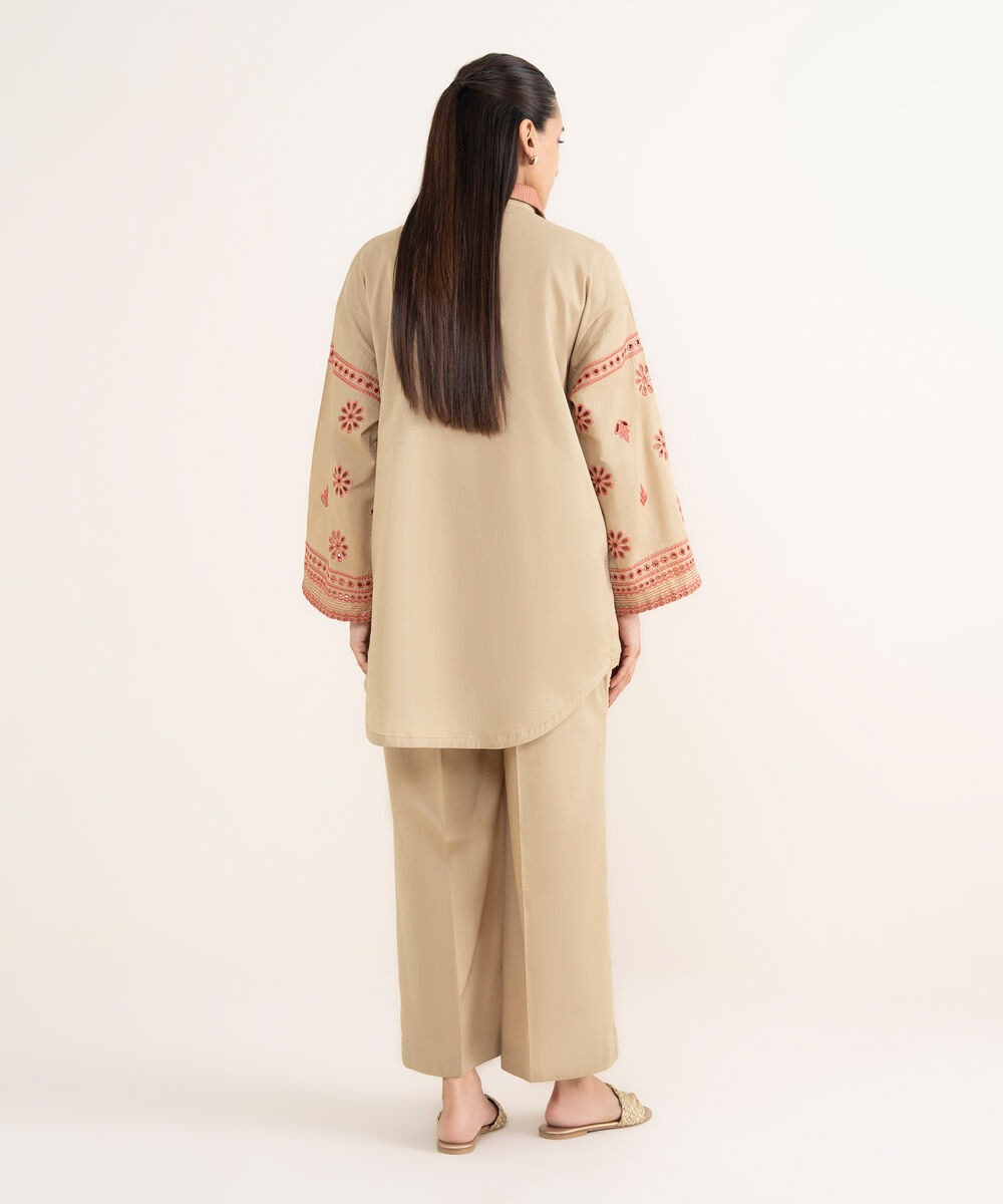 Women's RTW Cross Hatch Beige Embroidered Boxy Shirt