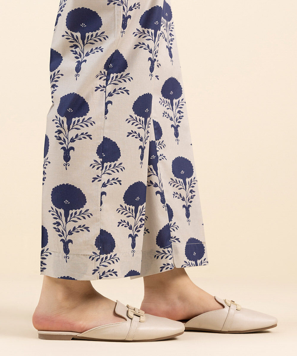 Woman - Blue Printed Cambric Straight Pants