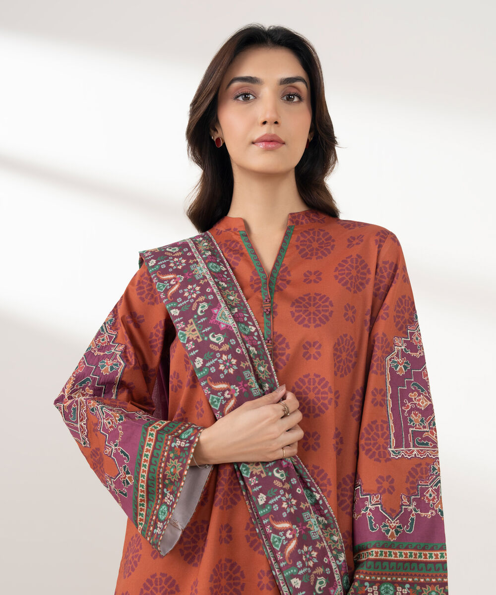 Women's Unstitched Cotton Printed Orange 3 Piece Suit