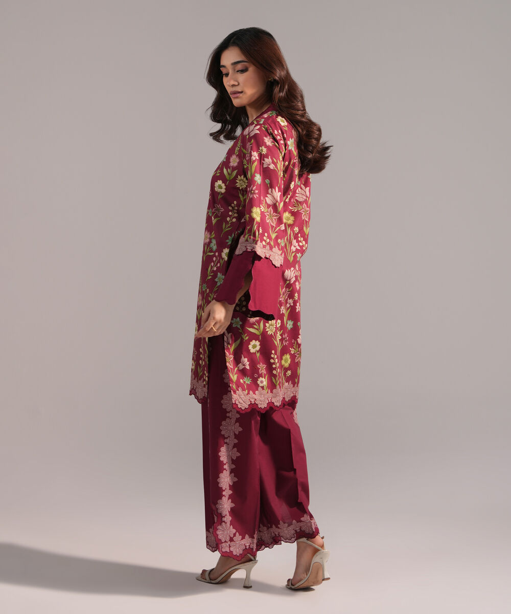 Women's RTW Lawn Printed Maroon Straight Shirt