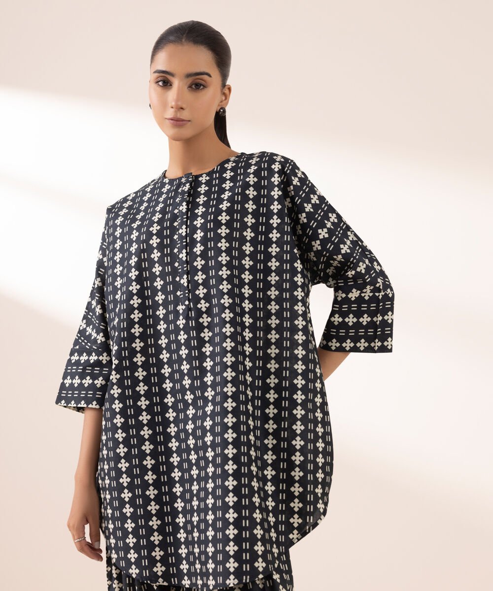 Women's RTW Lawn Black Printed Boxy Shirt