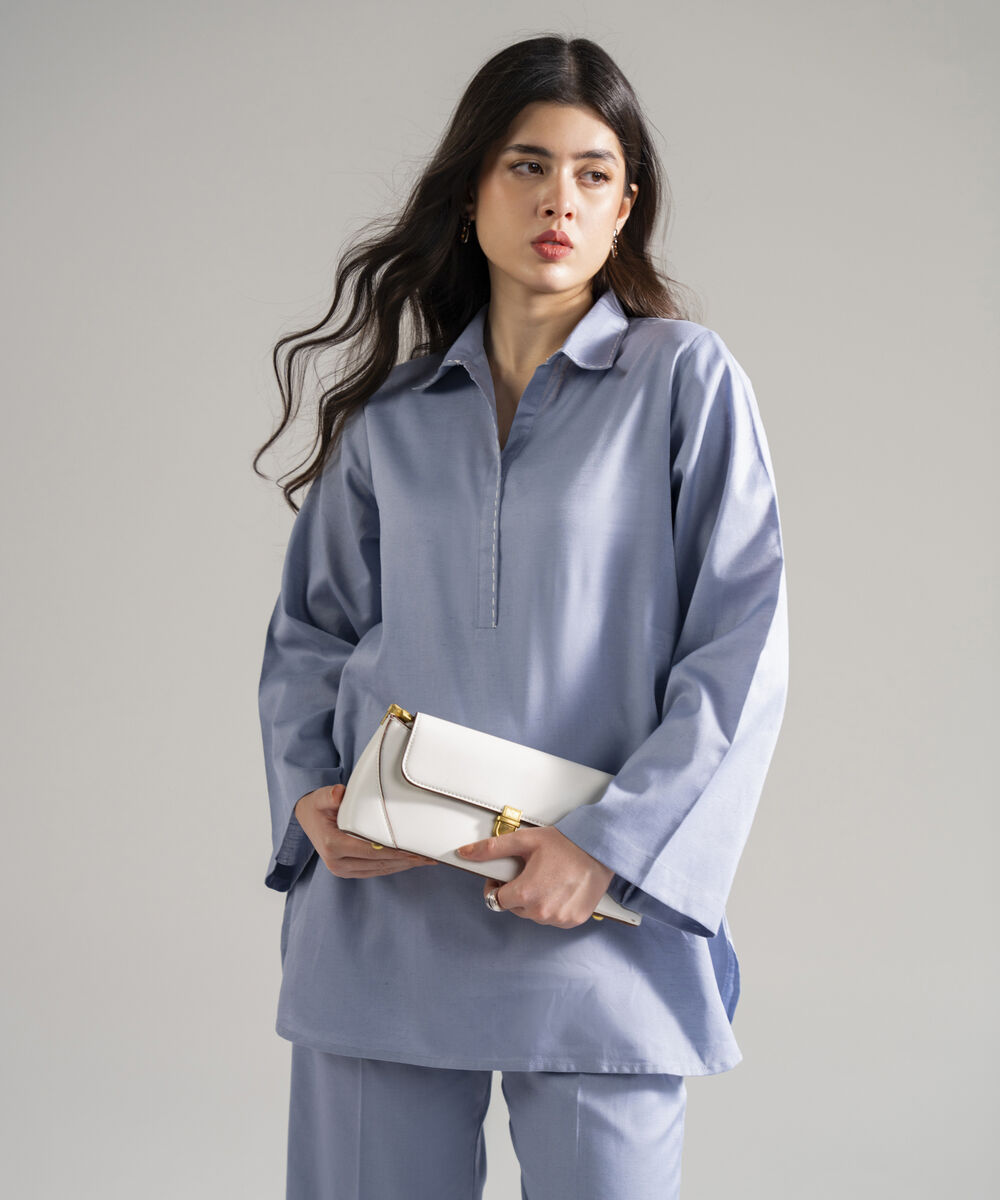 Women's RTW Cotton Linen Solid Steel Blue 2 Piece Suit