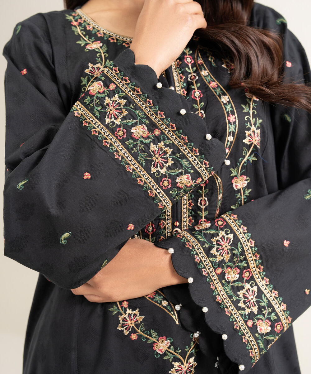 Women's RTW Self Jacquard Embroidered Black A-Line Shirt