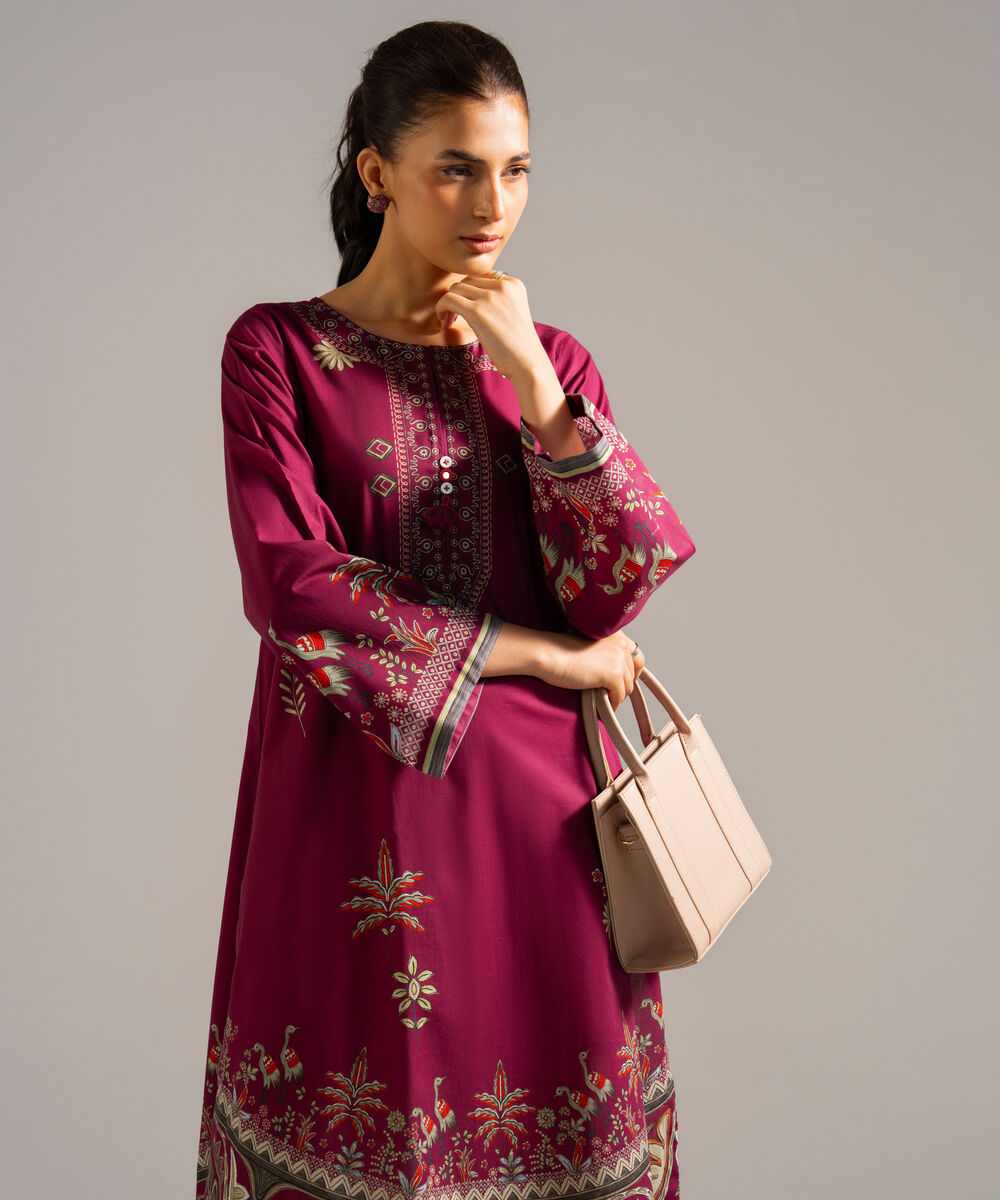 Women's RTW Lawn Printed Purple Straight Shirt