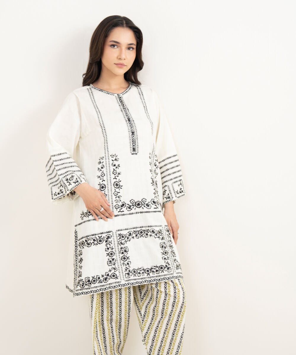 Women's RTW Dobby Embroidered White Boxy Shirt