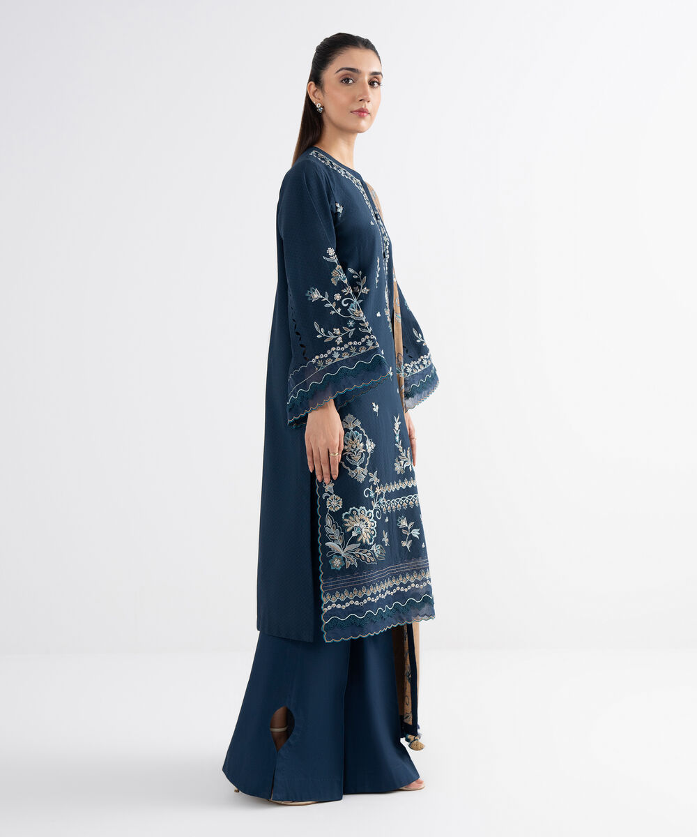 Women's Unstitched Dobby Embroidered Blue 3 Piece Suit
