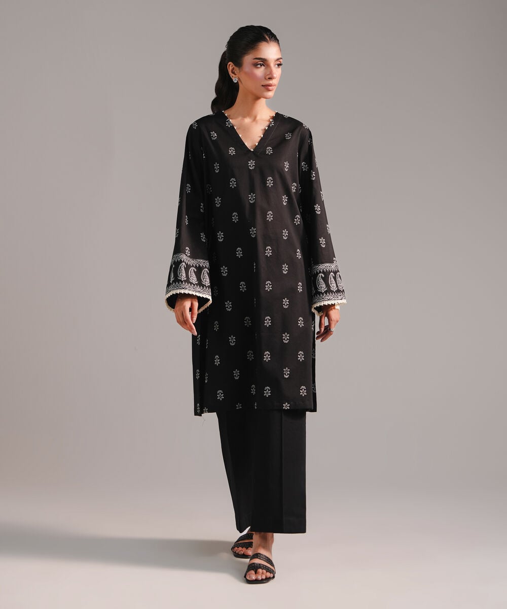 Women's RTW Lawn Printed Black Straight Shirt