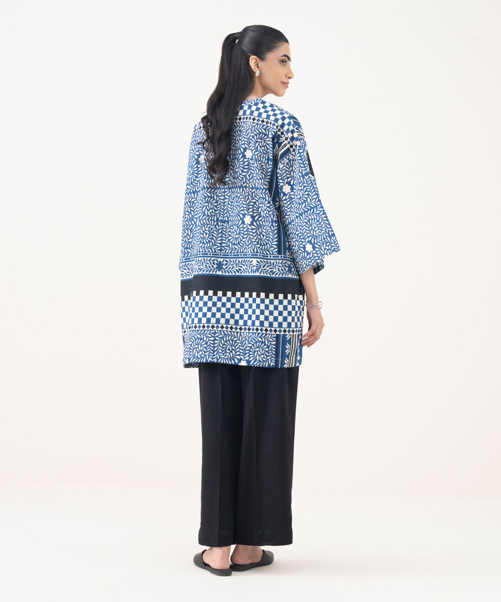 Women's RTW Cotton Viscose Blue Printed Drop Shoulder Shirt
