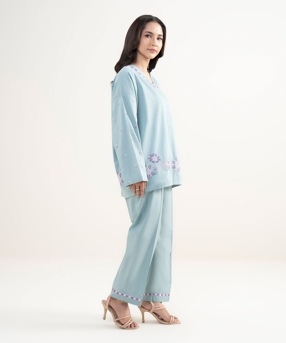 Women's RTW Dobby Embroidered Blue Drop Shoulder Shirt