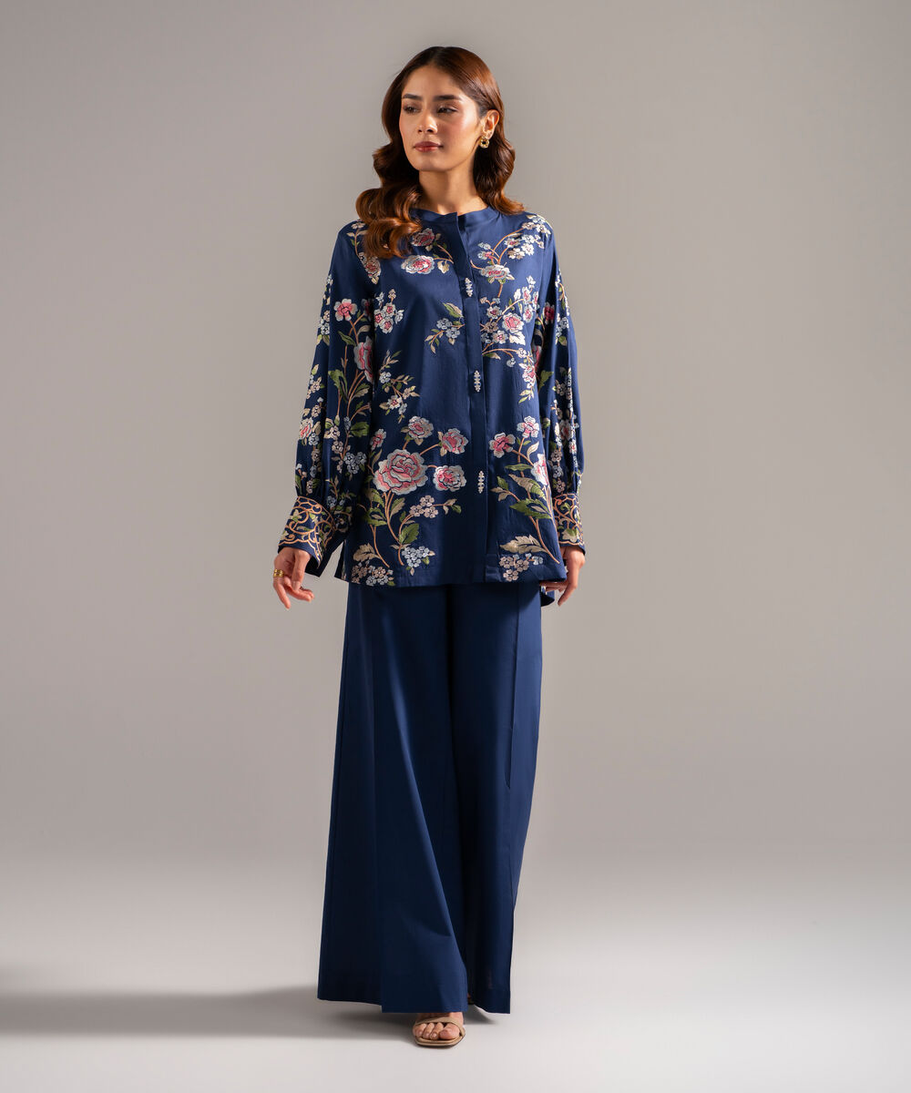 Women's RTW Cotton Satin Embroidered Dark Blue 2 Piece Suit