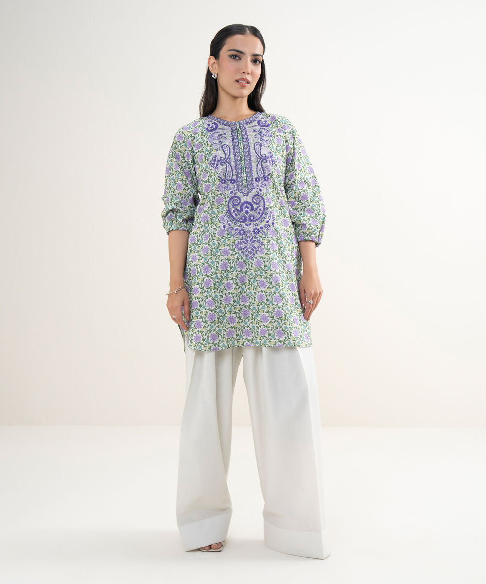 Women's RTW Slub Lawn Embroidered Light Grey Straight Shirt