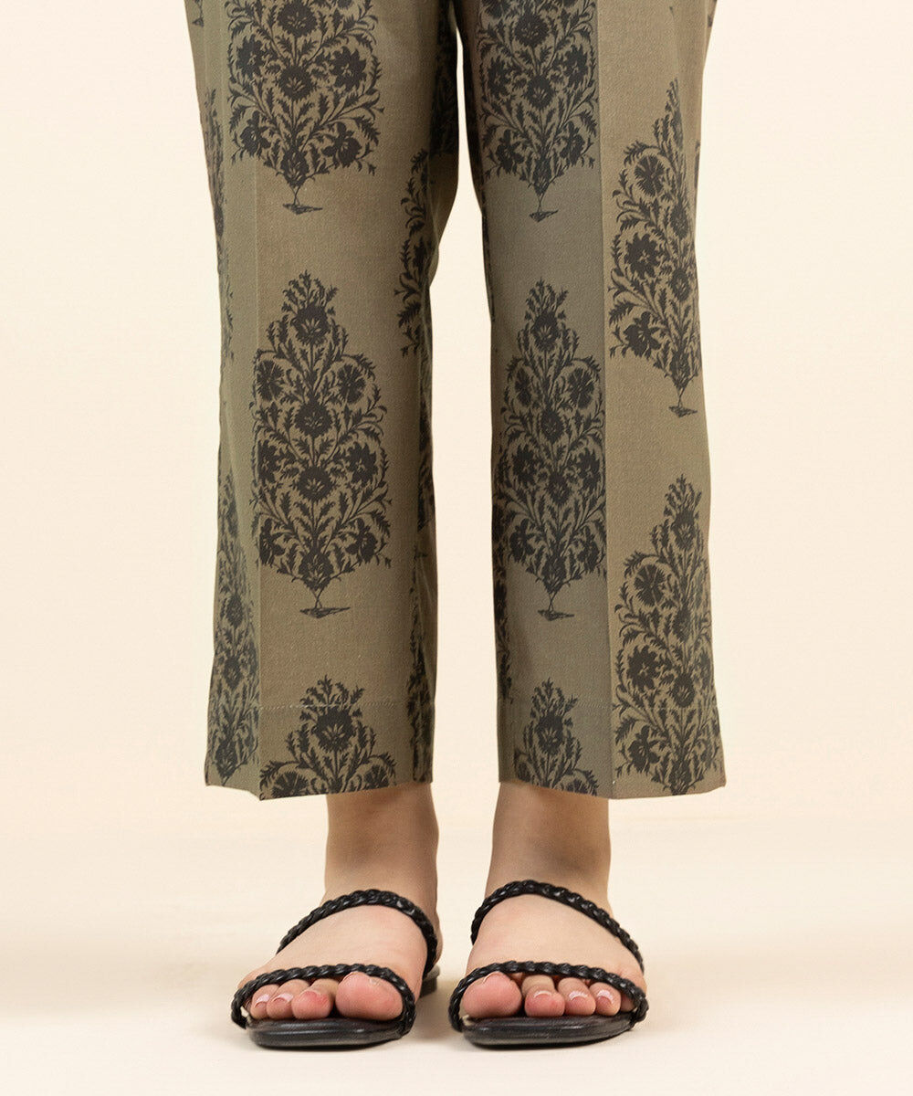 Woman - Brown Printed Cambric Straight Pants
