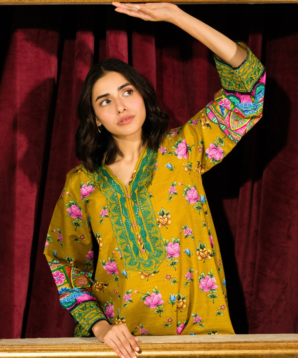 Women's RTW Light Khaddar Embroidered Mustard Straight Shirt