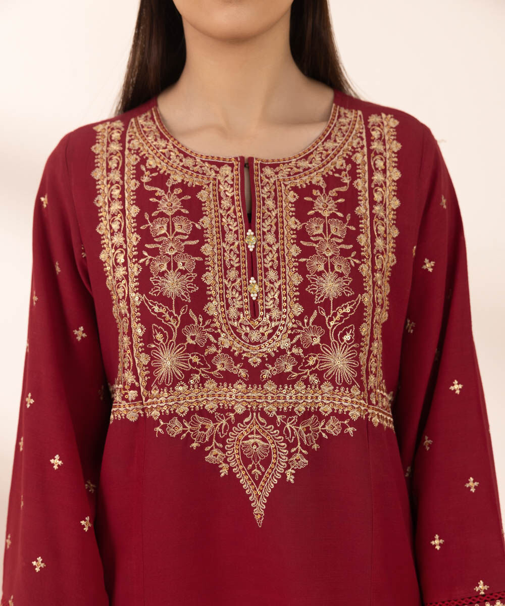 Women's Pret Cotton Viscose Red Embroidered A-Line Shirt