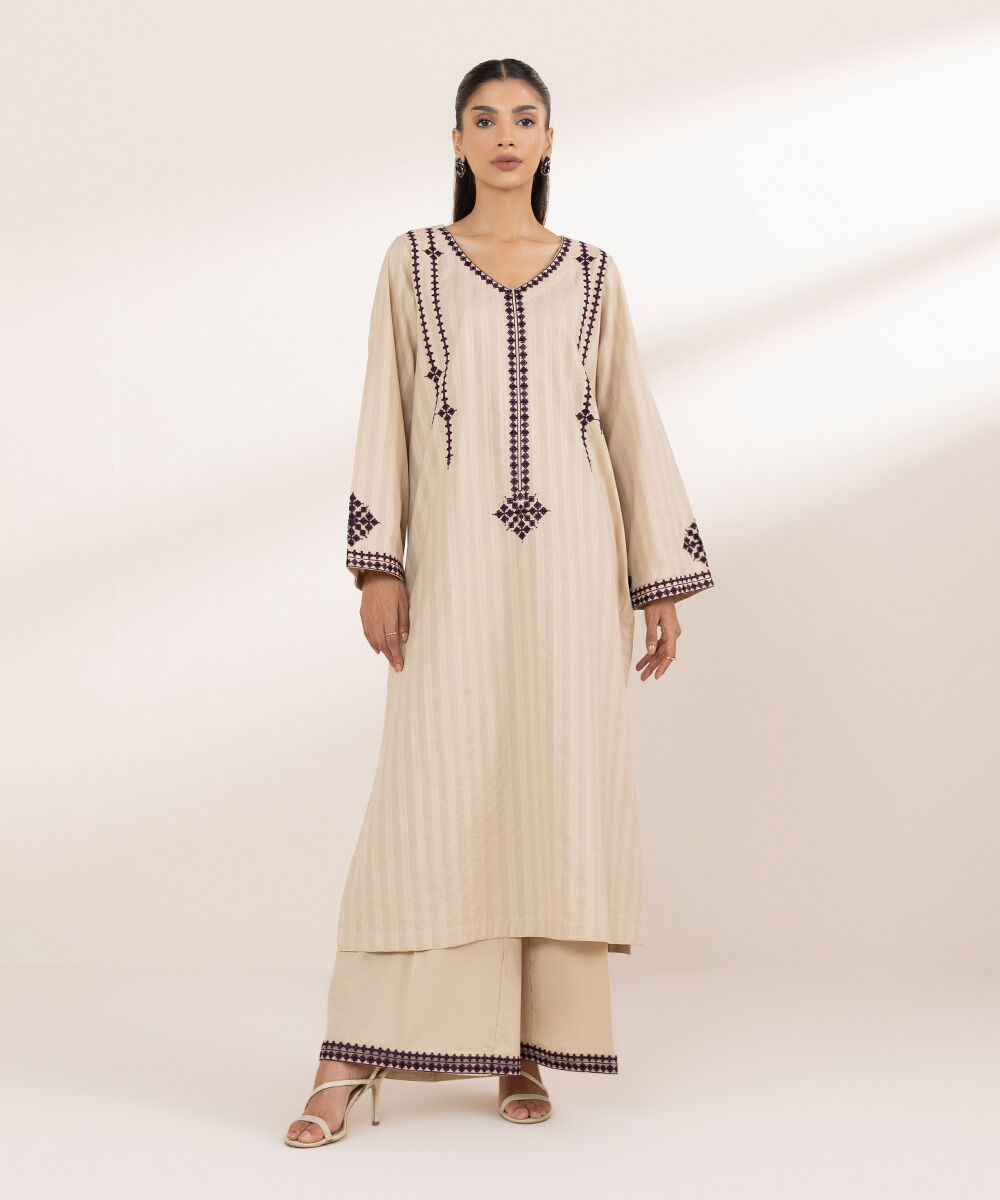 Women's RTW Textured Cotton Beige Embroidered A-Line Shirt