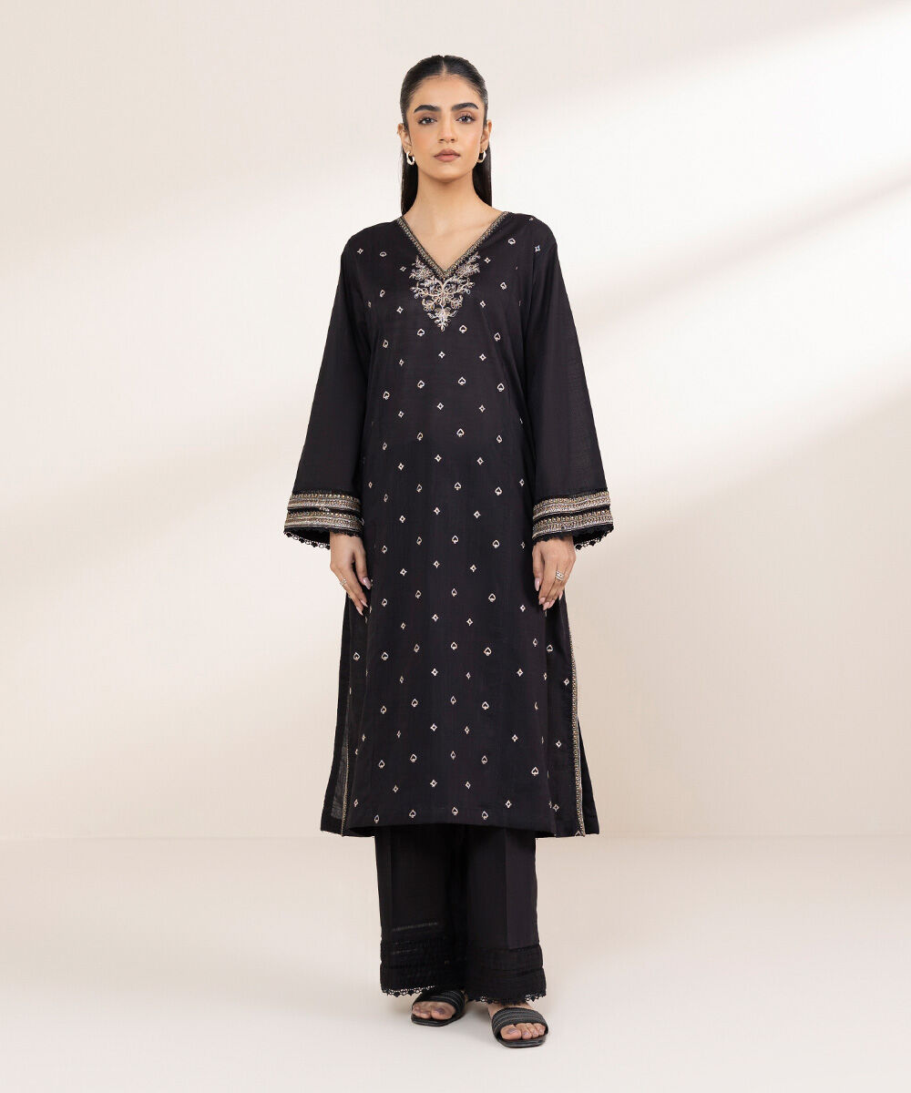 Women's Pret Cross Hatch Black Embroidered A-Line Shirt