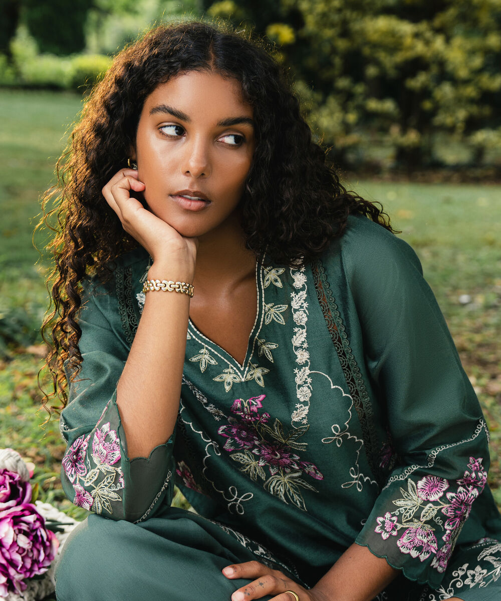 Women's RTW Silk Cotton Net Embroidered Dark Green 2 Piece Suit