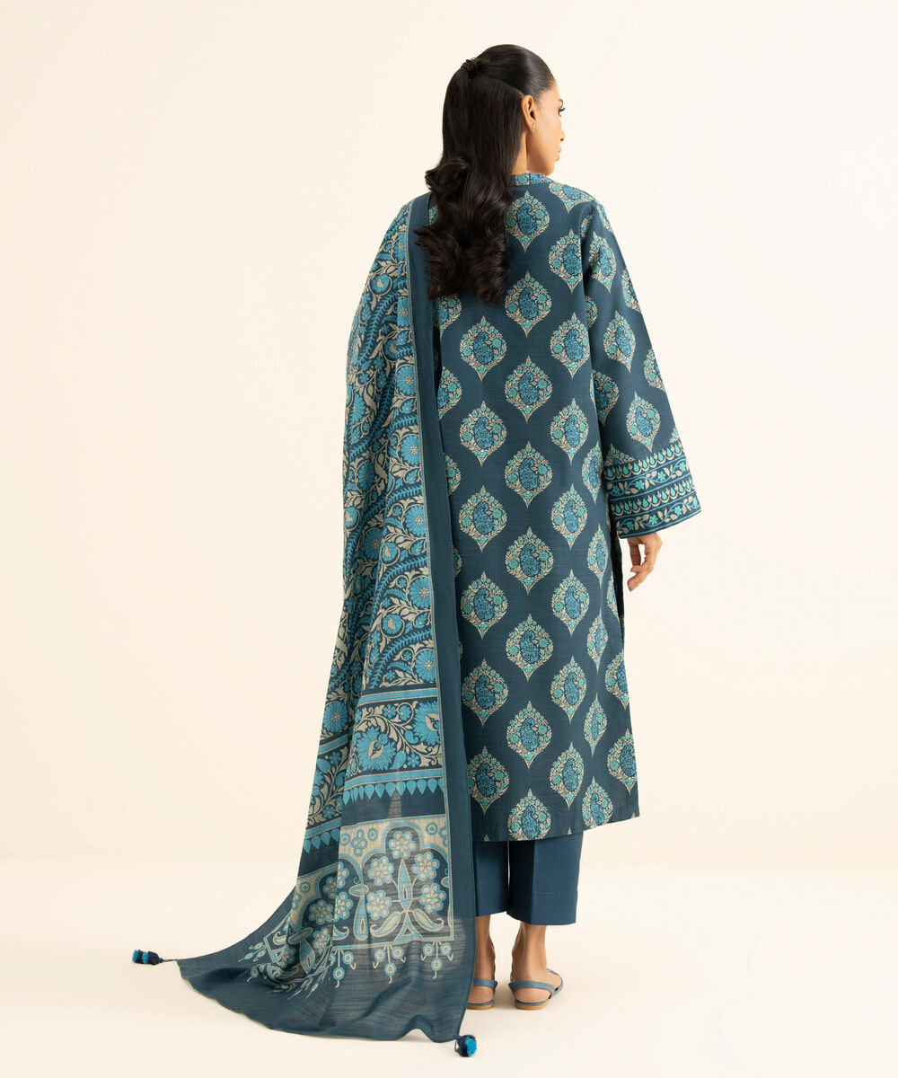 Women's Unstitched Khaddar Printed Blue 3 Piece Suit