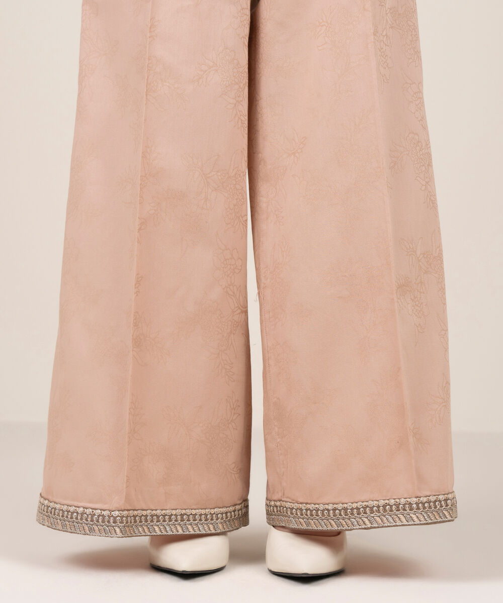 Women's RTW Self Jacquard Leno Embroidered Dusty Pink Flared Pants