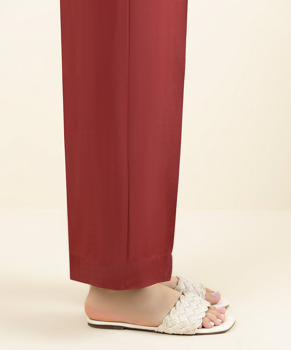 Women's Pret Viscose Raw Silk Solid Red Straight Pants