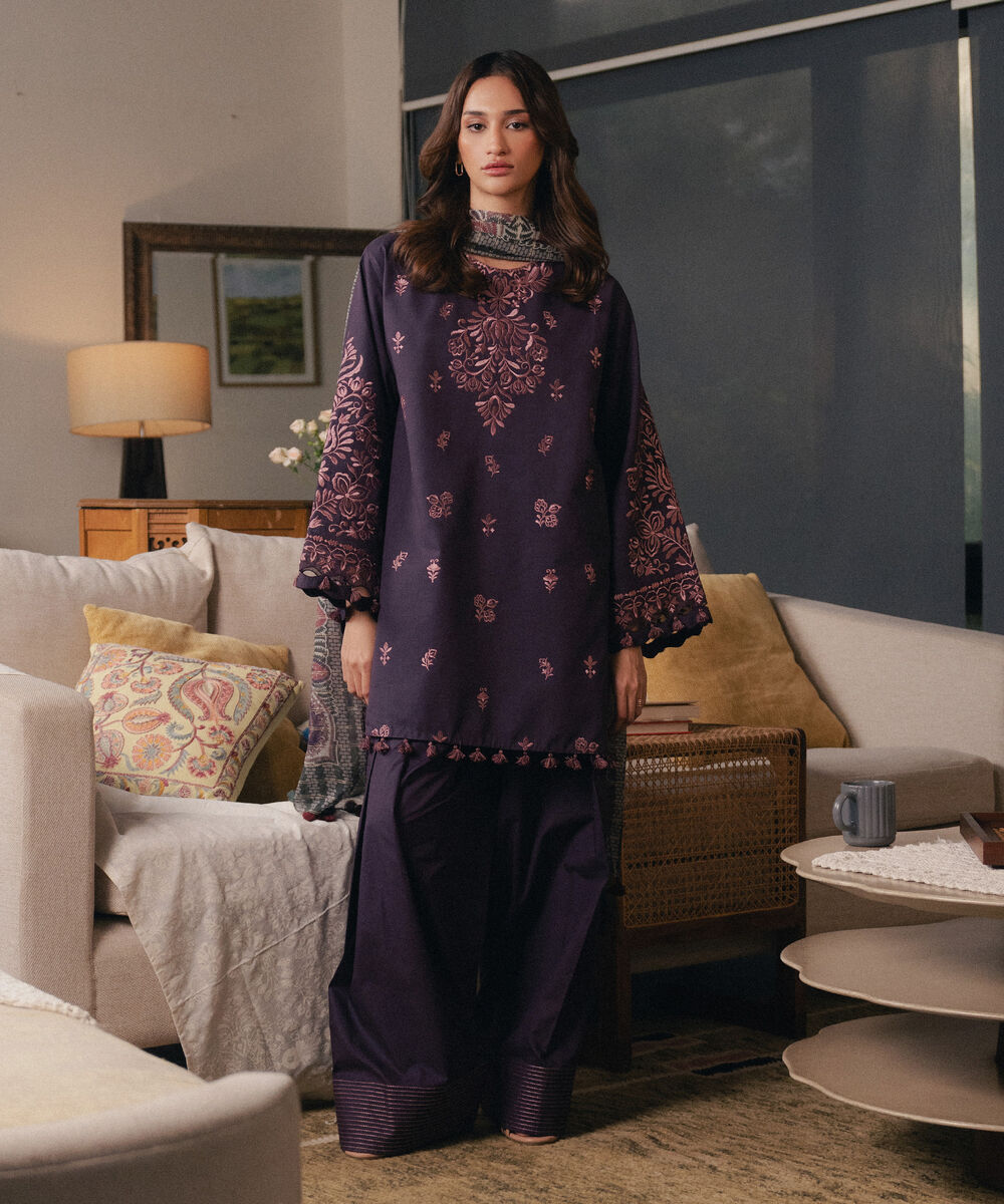 Women's Unstitched Cotton Embroidered Purple 3 Piece Suit