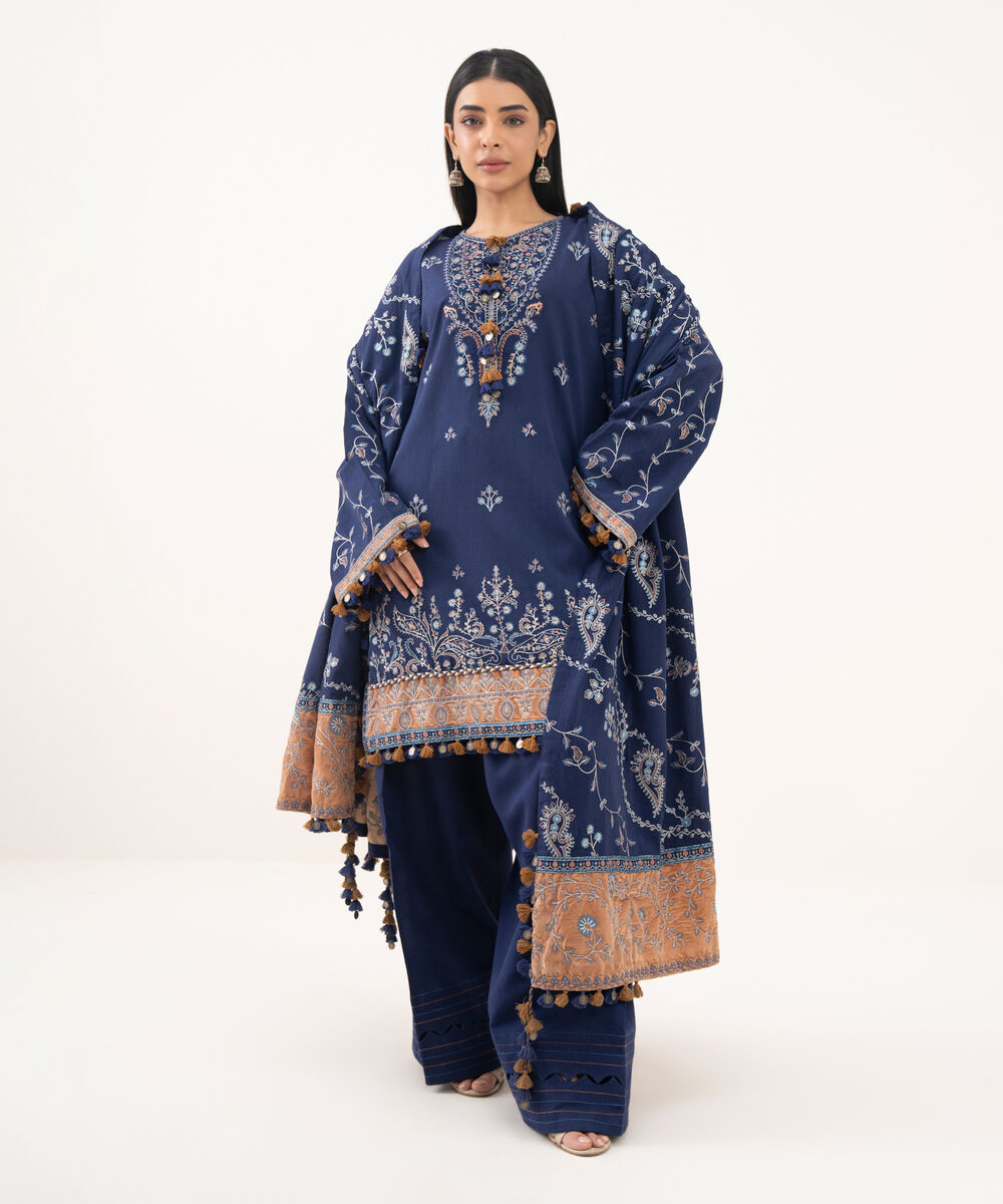 Women's Unstitched Cotton Karandi Embroidered Blue 3 Piece Suit