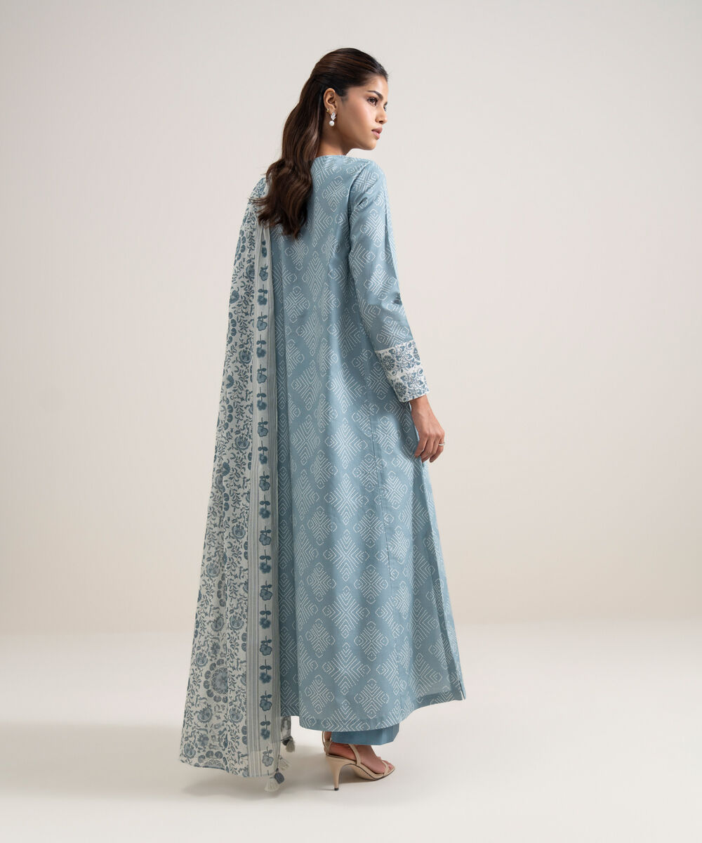 Women's Unstitched Lawn Printed Ice Blue and Off White 3 Piece Suit