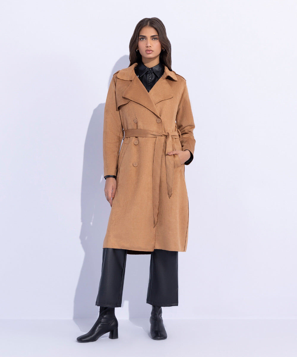 Woman - Brown Suede Trench Coat with Belt