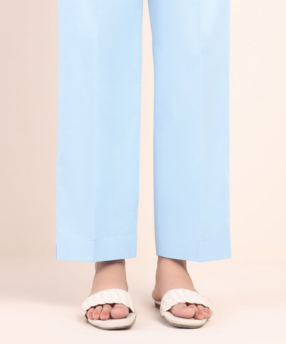 Women's RTW Lycra Blue Solid Straight Pants