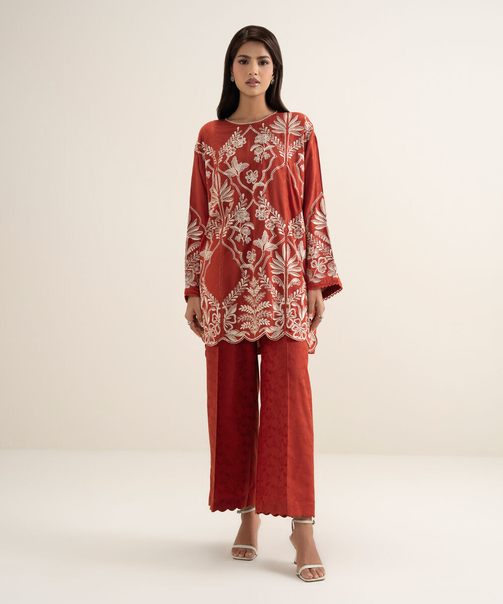 Women's RTW Arabic Self Jacquard Embroidered Orange Boxy Shirt