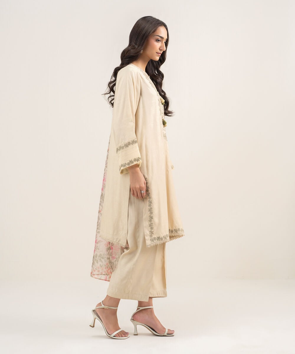 Women's RTW Viscose Raw Silk Embroidered Beige 3 Piece Suit