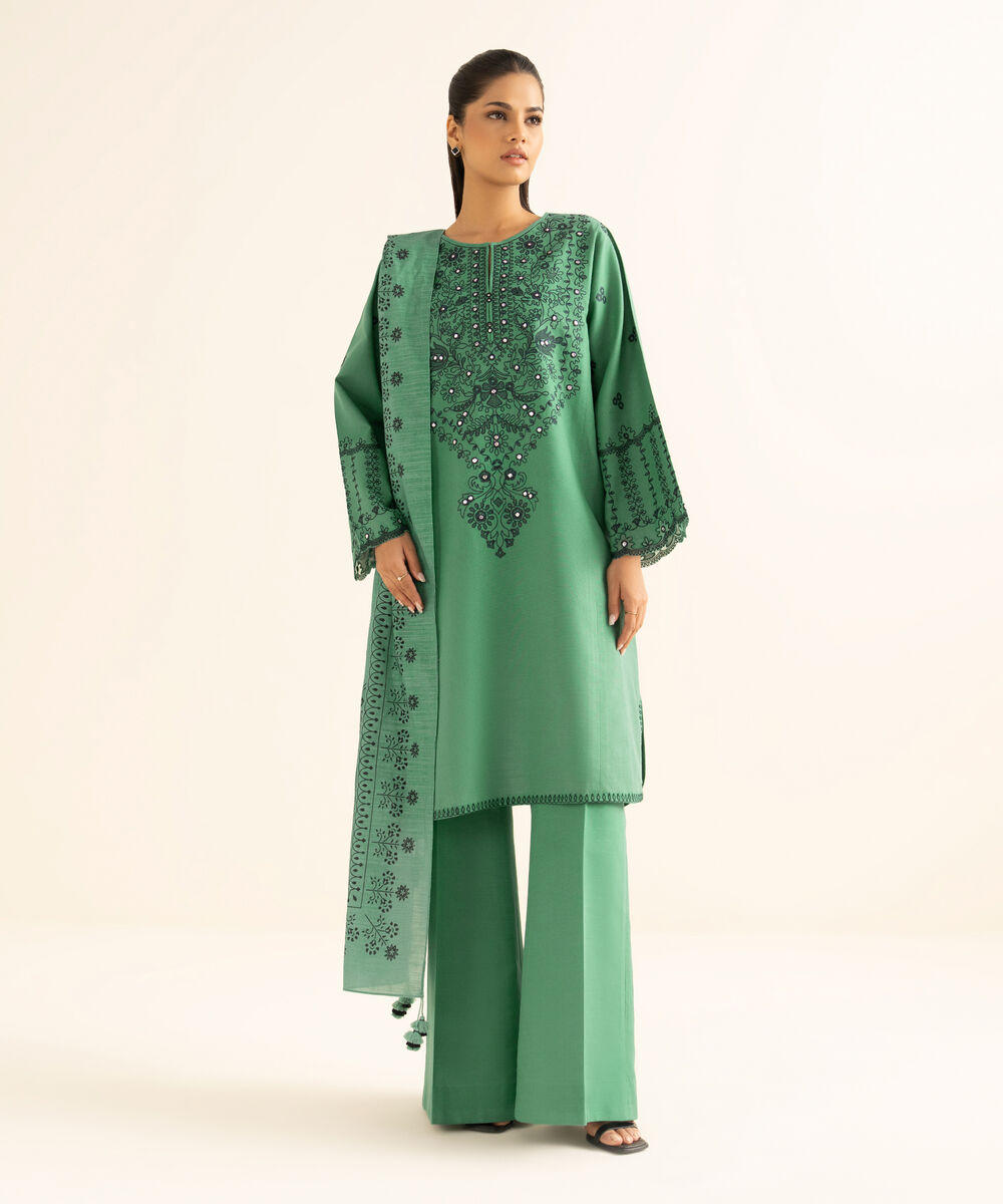 Women's Unstitched Light Khaddar Embroidered Green 3 Piece Suit