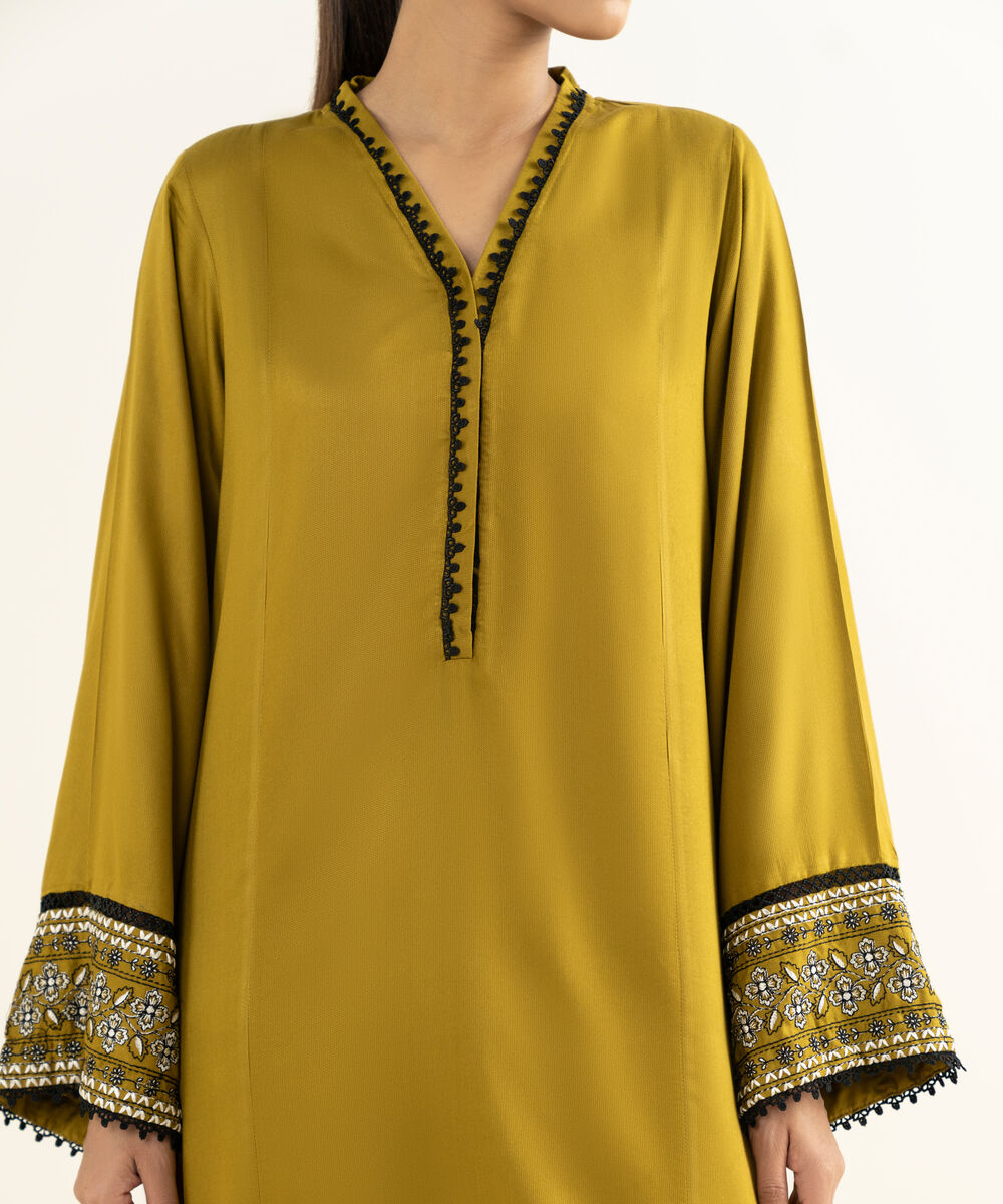 Women's RTW Bedford  Embroidered Olive Green Straight 2 Piece Suit