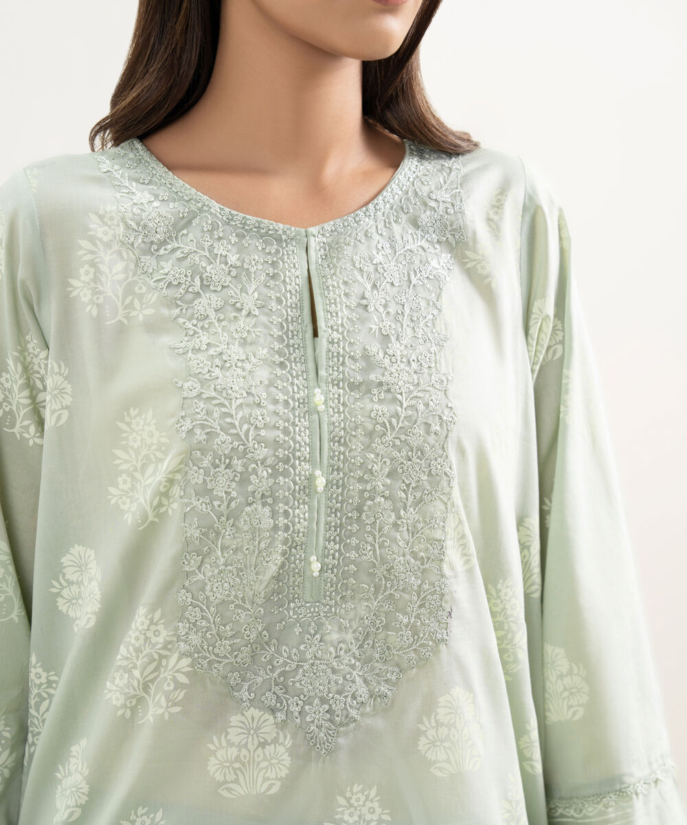 Women's RTW Lawn Embroidered Mint Green A-Line Shirt