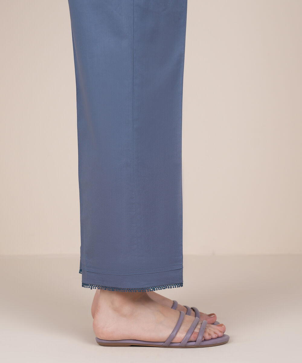 Women's RTW Cambric Blue Solid Straight Pants