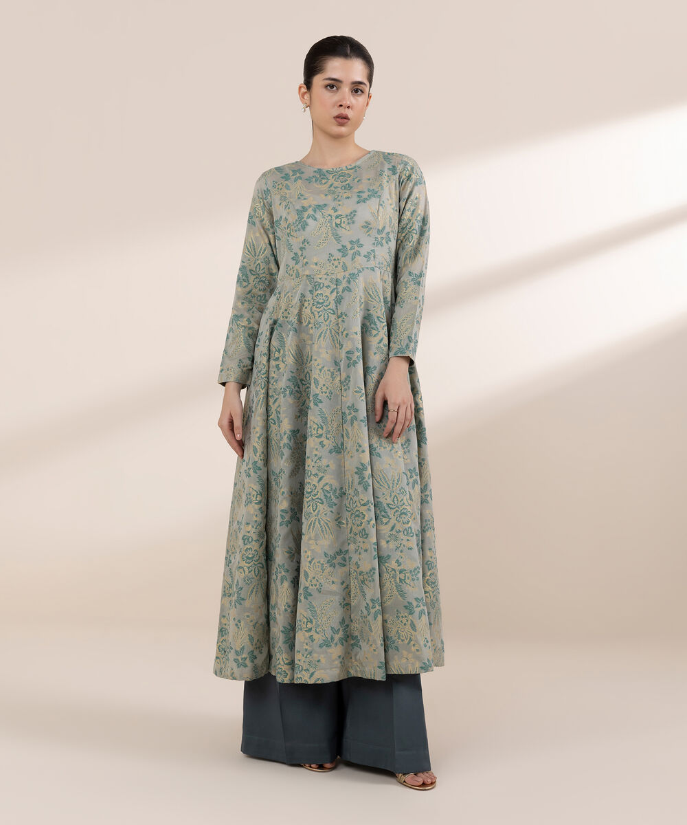 Women's RTW Extra Weft Jacquard Green Solid Peshwas