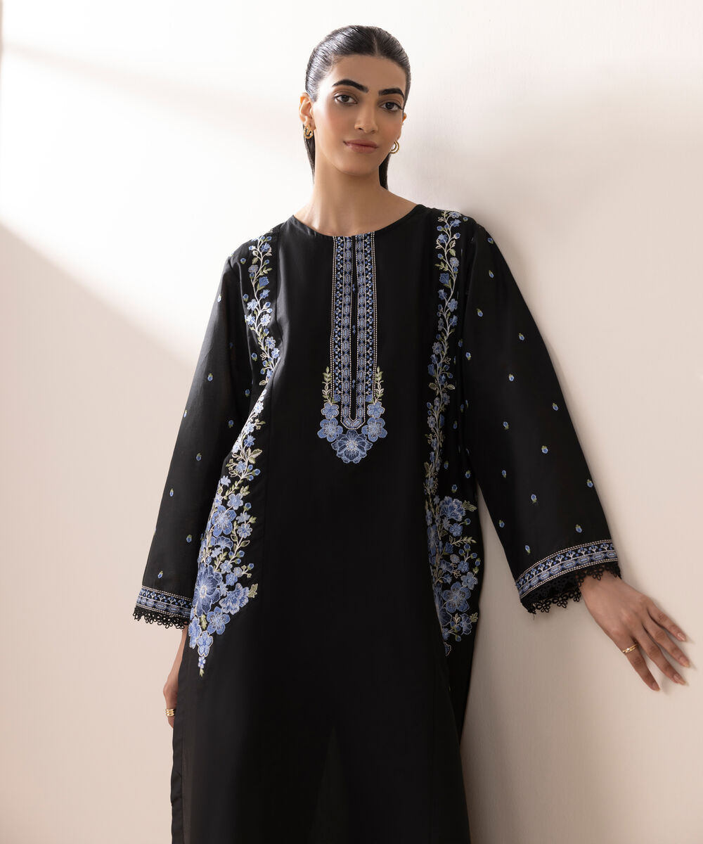 Women's RTW Lawn Black Embroidered A-Line Shirt