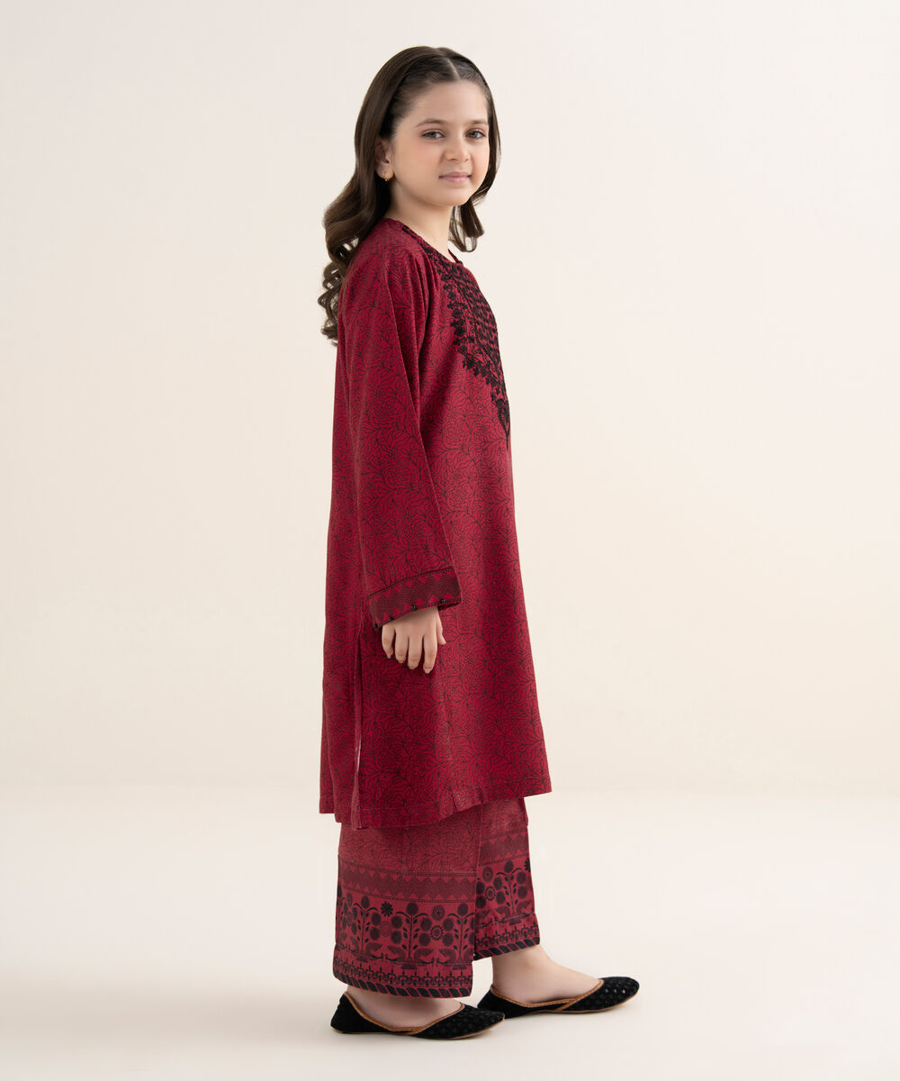 Girl's Herringbone Embroidered Red 2 Piece Set