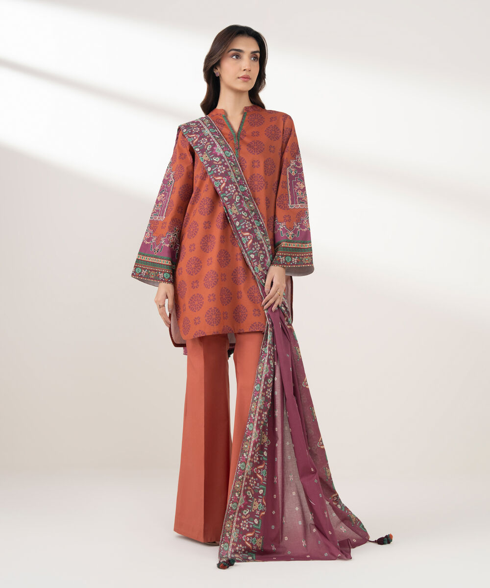 Women's Unstitched Cotton Printed Orange 3 Piece Suit