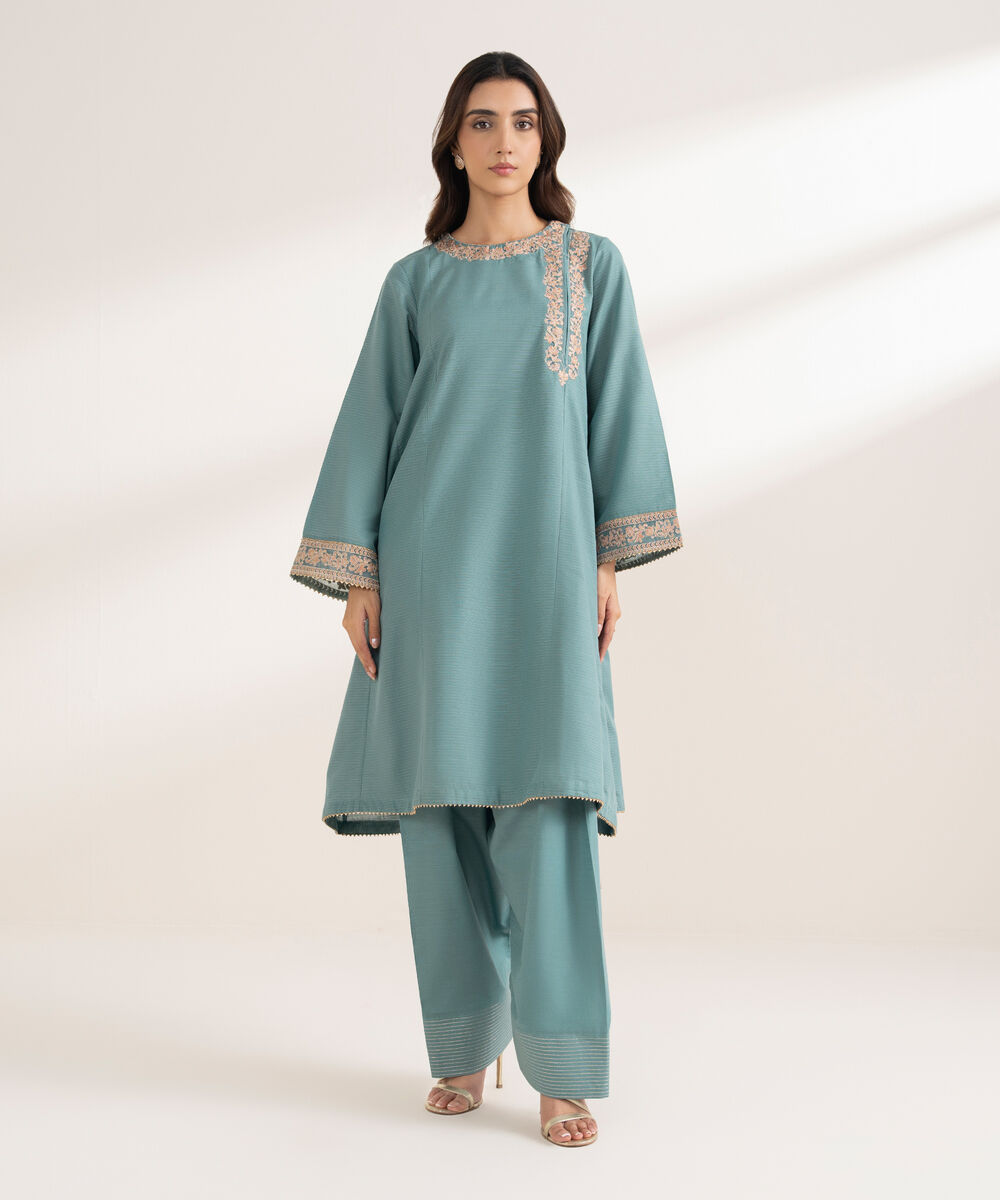 Women's RTW Zari Cotton Embroidered Straight Blue Shirt