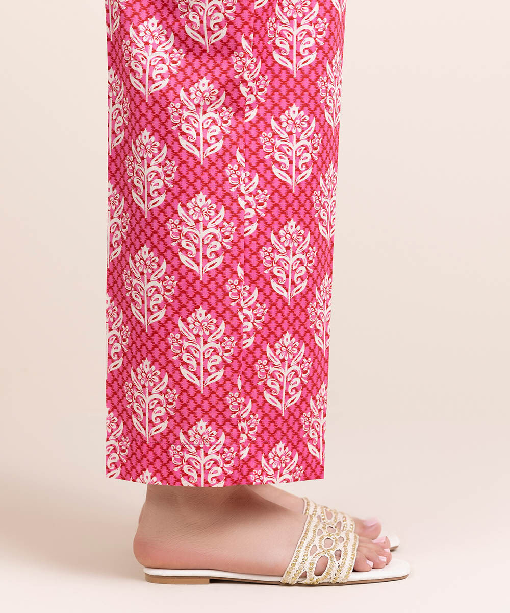 Woman - Red Printed Cambric Straight Pants
