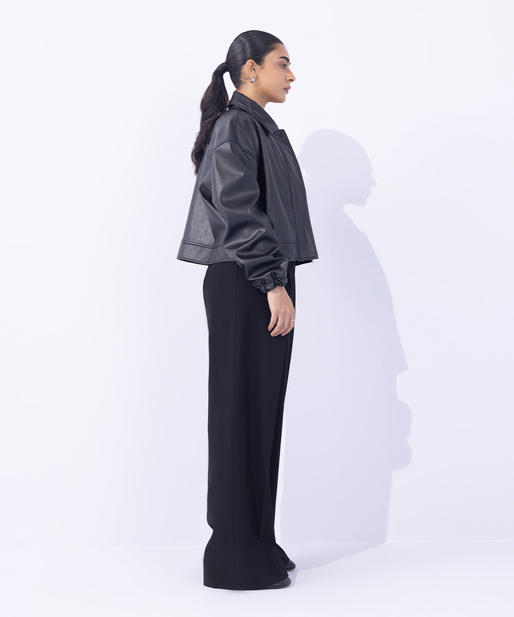 Woman - Black Cropped Faux Leather Jacket