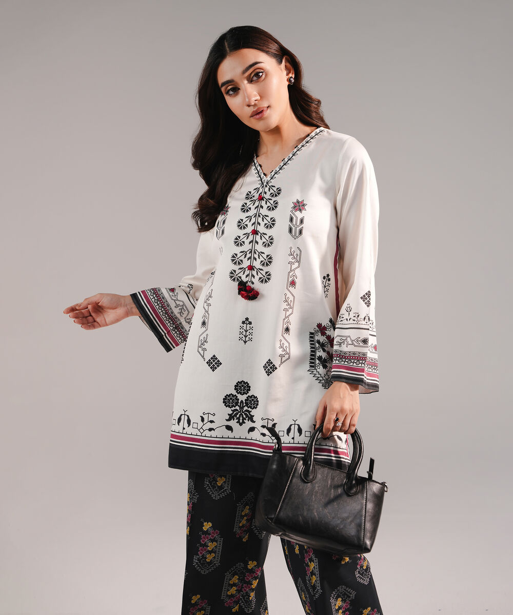 Women's RTW Cotton Satin Printed White Straight Shirt