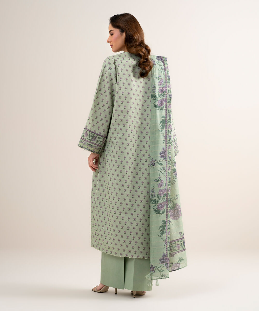 Women's Unstitched Zari Lawn Embroidered Moss Green 3 Piece Suit