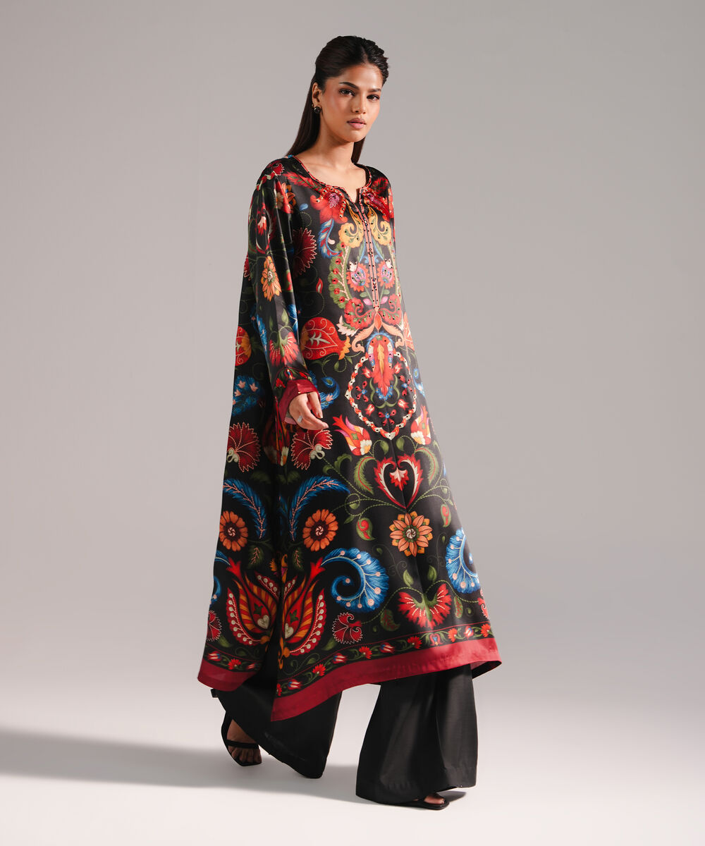 Women's RTW Blended Satin Printed Black 2 Piece Suit