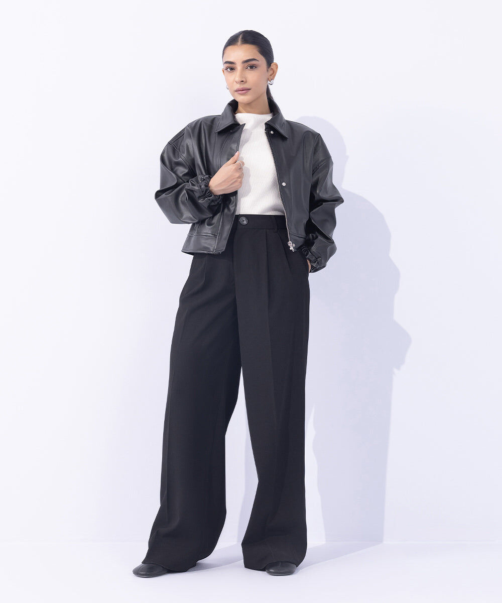 Woman - Black Cropped Faux Leather Jacket