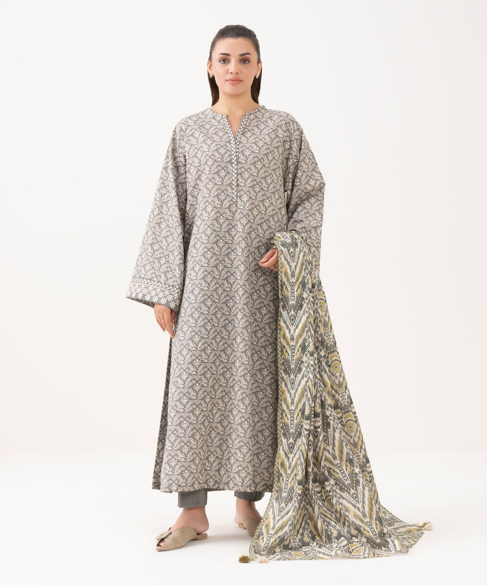 Women's Unstitched Light Khaddar Printed Grey 3 Piece Suit