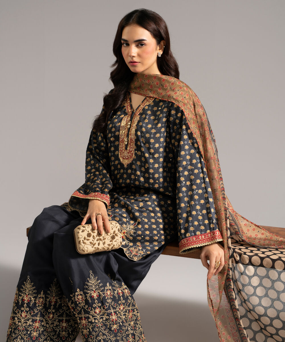 Women's RTW Raw Silk Embroidered Black 3 Piece Suit