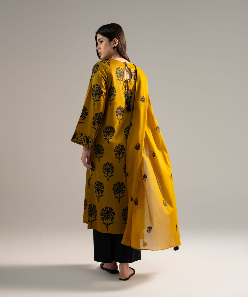 Women's RTW Pima Cotton Printed Mustard Yellow 3 Piece Suit