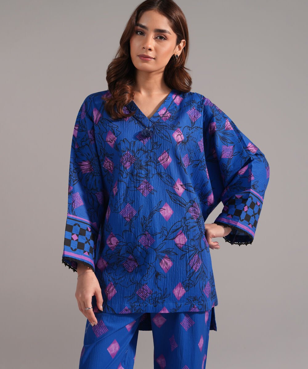 Women's RTW Seersucker Printed Dark Blue Drop Shoulder Shirt